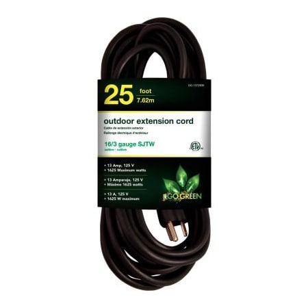 Gogreen SJTW Extension Cord, 16 AWG, Outdoor, 16/3, 1 Outlets, Black, 25 ft GG-13725BK